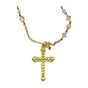 Tarina Tarantino & Swarovski Gold Tone Crystal Rosary Cross Pendant Necklace 34”